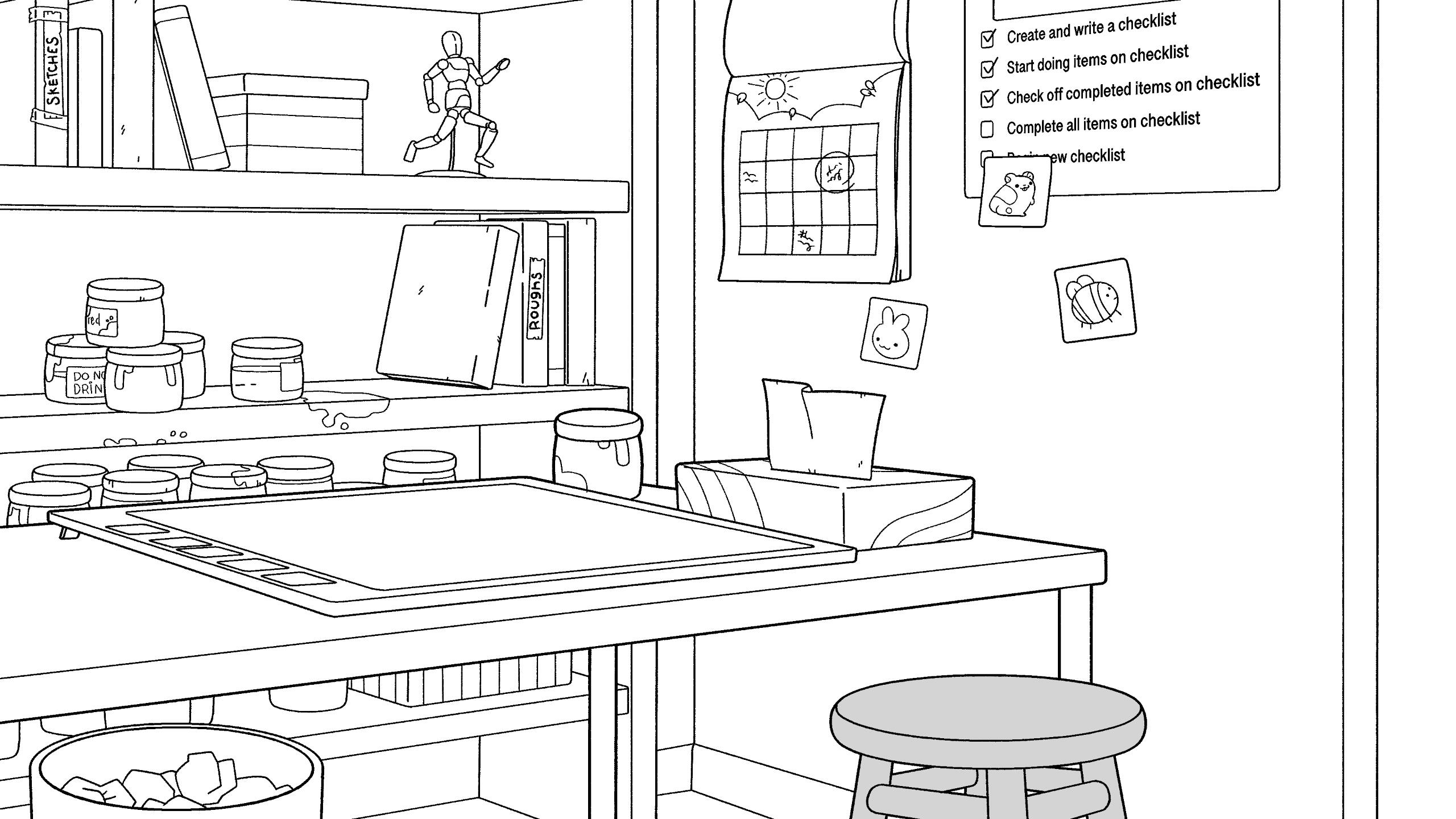 Work Station background design for TheOdd1sOut, done in Clip Studio