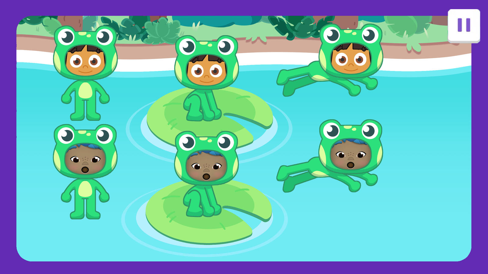 Dora and the playable-character designs in their frog costumes. Made in Photoshop and Illustrator.