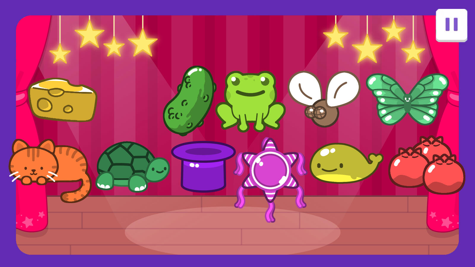 Designs of the assets that come out of the magic hat, which players will have to identify the correctly colored items from. Made in Photoshop and Illustrator.